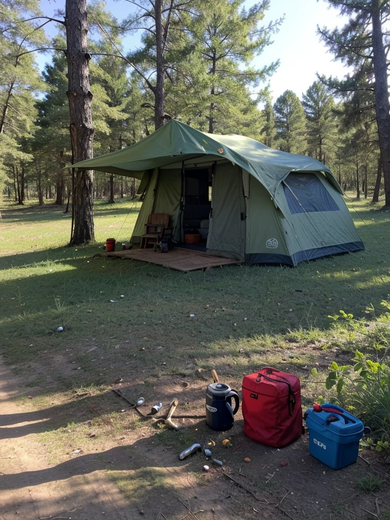 survival camping Happiness tools in the forest next to the Lake