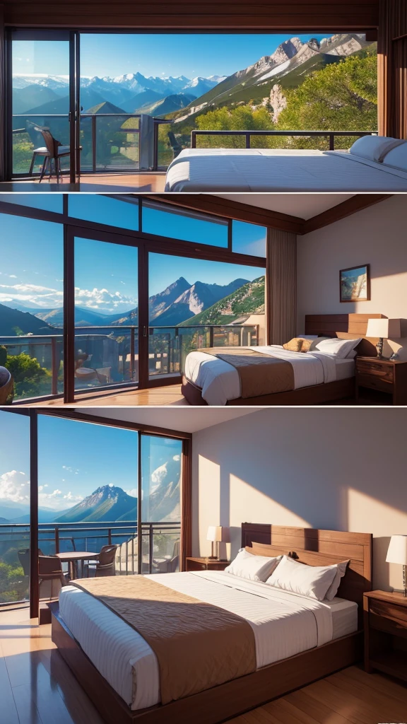 (masterpiece,Highest quality:8K) Affordable bedroom with mountain views and balcony, Beautiful views, A soothing and comfortable landscape, Detailed view, Instagram photos Nice views, beautifully、aesthetic, Beautiful nature in the background, Amazing scenery in the background, 8K Photorender Reality Engine, Beautiful views, Overlooking the valley, Nice views, beautiful place, paradise in the background