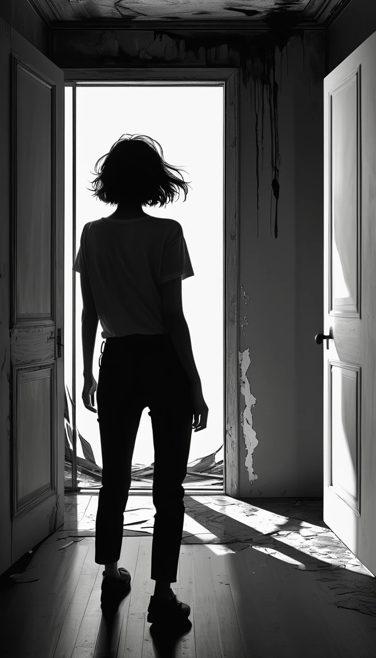 A man in black pants,Empty upper body,Back view of a woman with messy short hair,She walked into a house without a roof,There are three of her shadows inside the door。The shadow is other than the woman's own,There are two shadows, one male and one female, on the left and right.。Bird's-eye view。