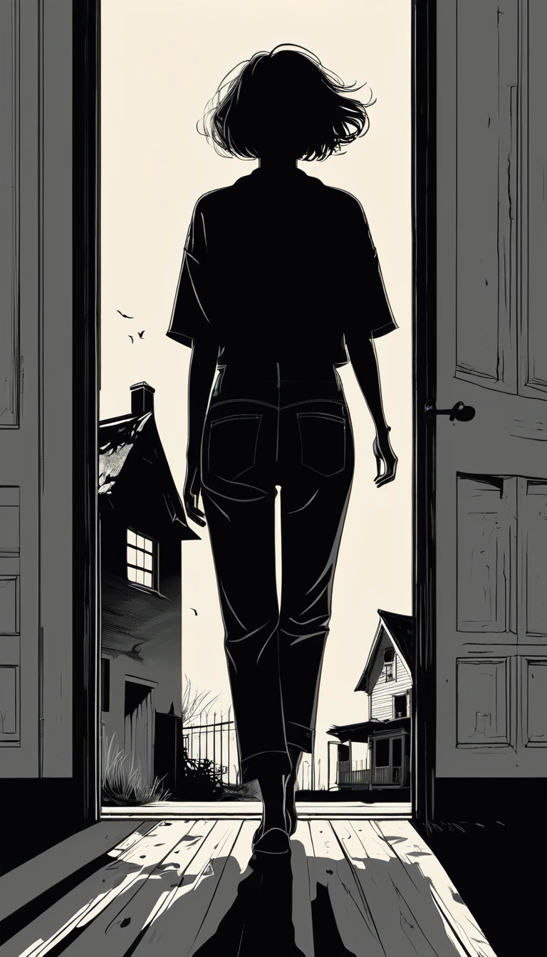 A man in black pants，Empty upper body，Back view of a woman with messy short hair，She walked into a house without a roof，There are three of her shadows inside the door。The shadow is other than the woman&#39;s own，There are two shadows, one male and one female, on the left and right.。Bird&#39;s-eye view。