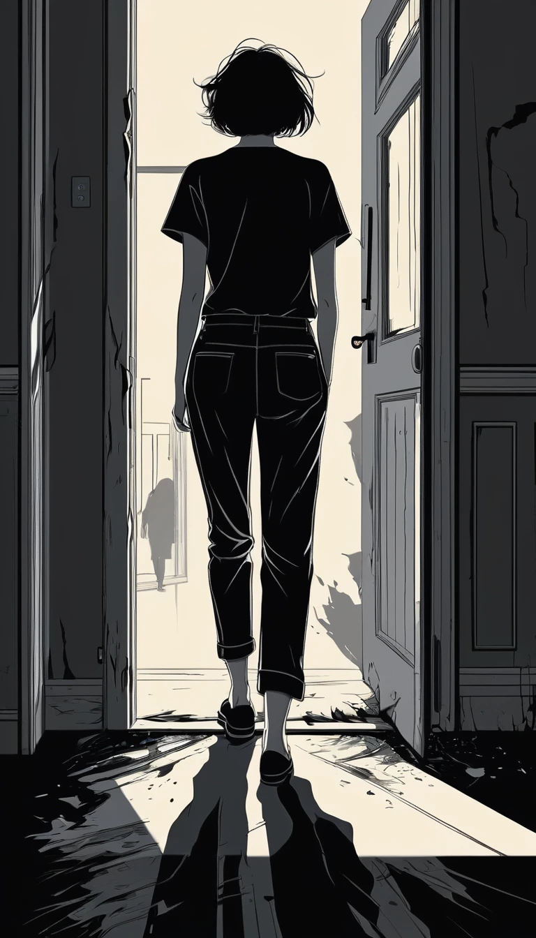 A man in black pants，Empty upper body，Back view of a woman with messy short hair，She walked into a house without a roof，There are three of her shadows inside the door。The shadow is other than the woman&#39;s own，There are two shadows, one male and one female, on the left and right.。Bird&#39;s-eye view。