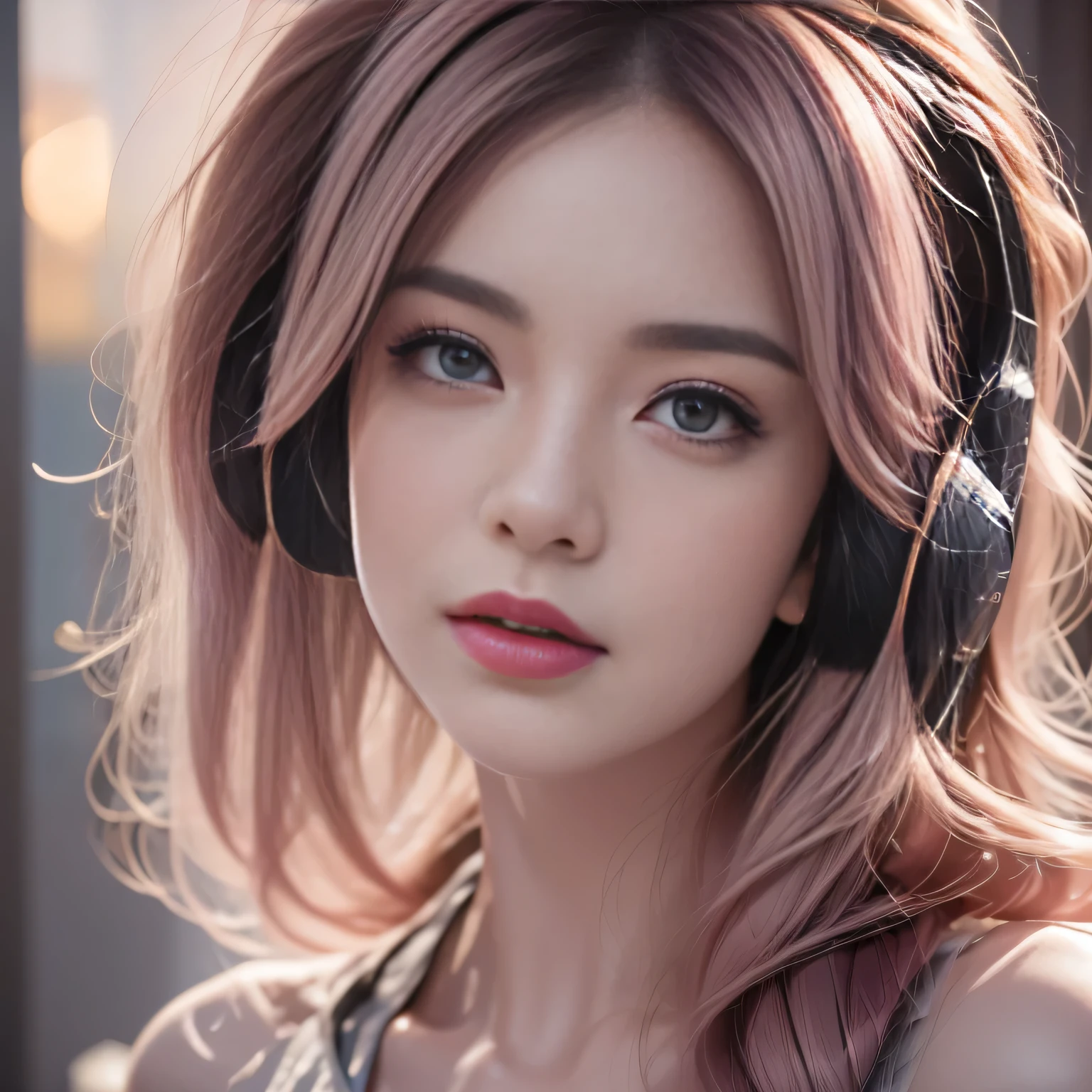 Wearing headphones、Close-up of a person with pink hair, Popular on cgstation, Atjem and atey ghailan, Game CG, Unreal Engine, Atjem ; 3DUnreal Engine, style Atjem, style of Atjem, Game engine, Front Energy Game Card, extremely detailed Atjem