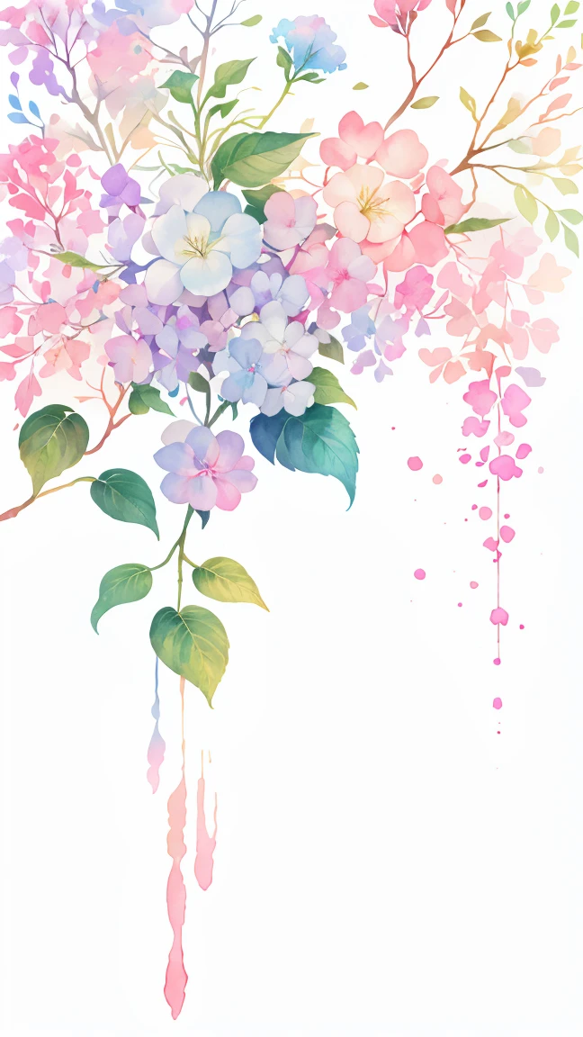 watercolor paiting,It features a simple,Lots of white space,Background Material,Watercolor texture,Rainbow Gradient flower blush red and blue and green and yellow and purple Colorful anyway gradient hydrangea white background, (best quality), masterpiece, extremely detailed