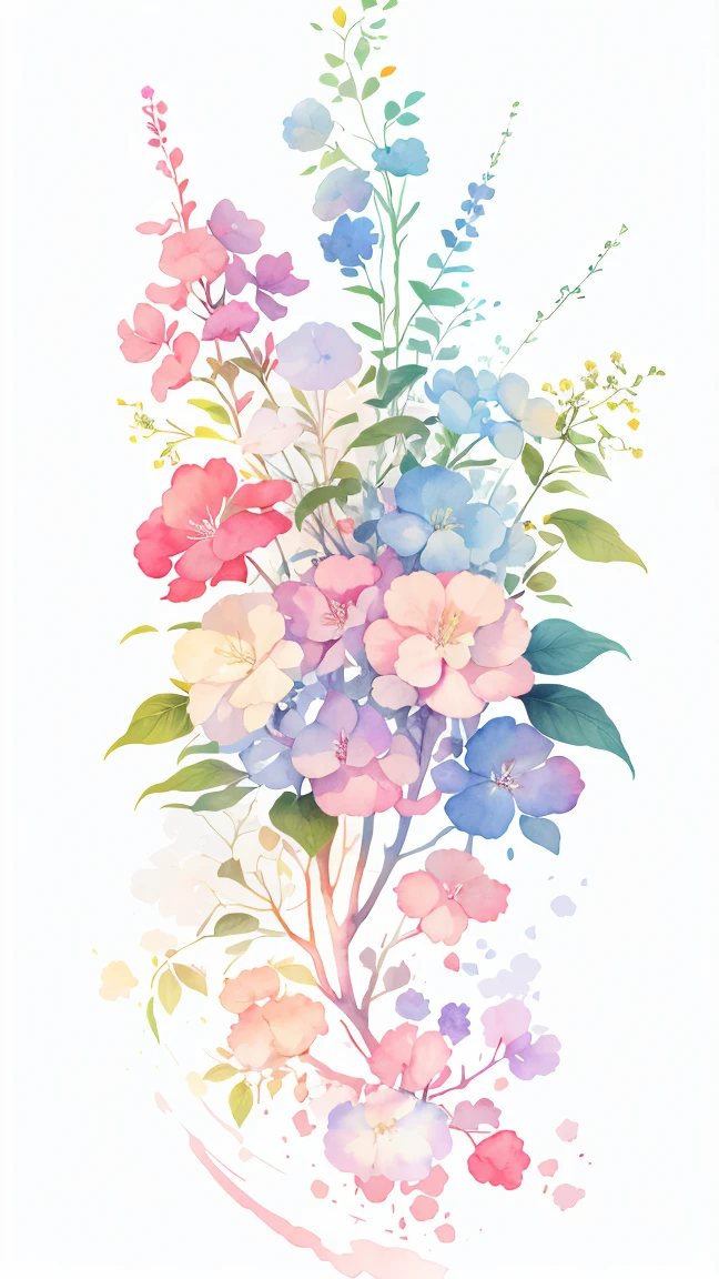 watercolor paiting,It features a simple,Lots of white space,Background Material,Watercolor texture,Rainbow Gradient flower blush red and blue and green and yellow and purple Colorful anyway gradient hydrangea white background, (best quality), masterpiece, extremely detailed
