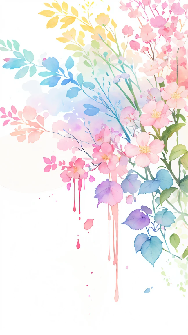 watercolor paiting,It features a simple,Lots of white space,Background Material,Watercolor texture,Rainbow Gradient flower blush red and blue and green and yellow and purple Colorful anyway gradient hydrangea white background, (best quality), masterpiece, extremely detailed