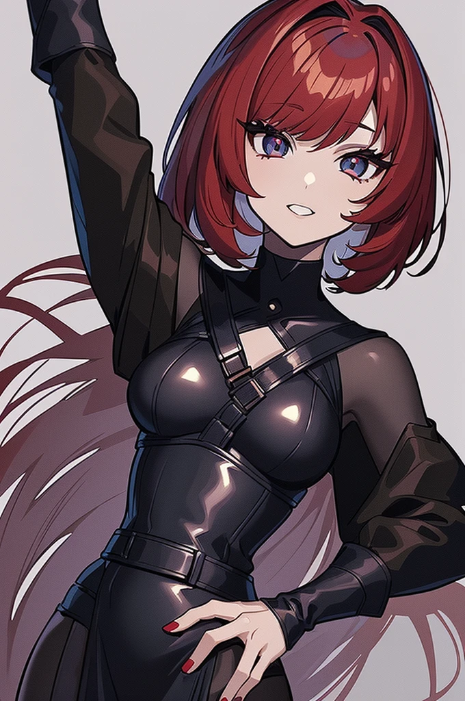 a beautiful girl with red hair wearing a black dress, detailed facial features, bob haircut, full body illustration, woman wearing a long black and red coat, solo character, white background, anime style, highly detailed, photorealistic, 8k, best quality, masterpiece, blue eyes, short hair