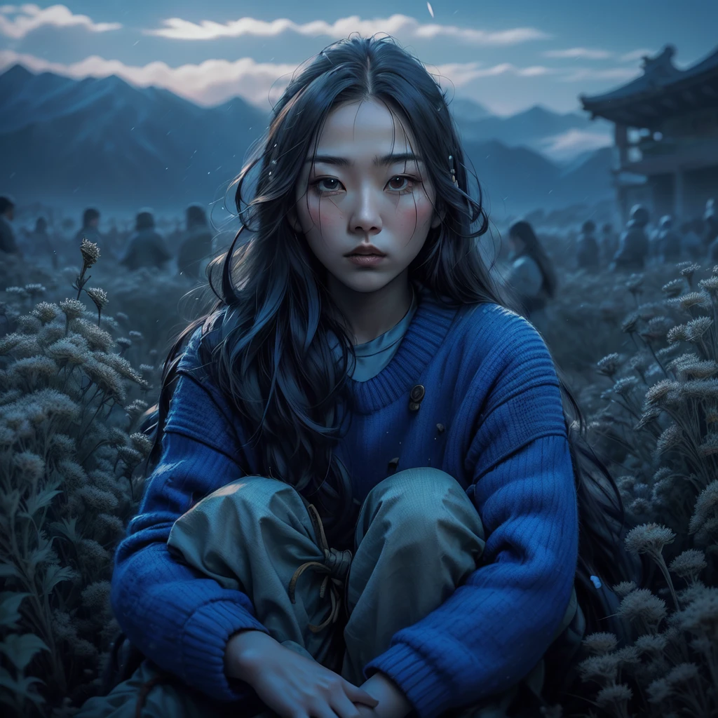 real potrait, full body, Longshot, a Korean woman with long hair wearing a blue sweater, wear trousers, wearing red shoes, sitting on a field full of weeds, evening sky, face facing forward, intricate details