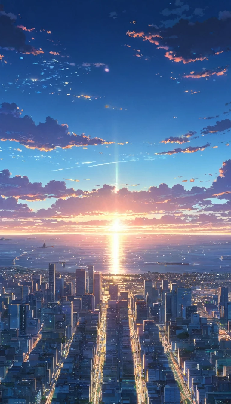 an iphone with an image of a city and the sun setting over it, watching the sun set. anime, anime. by makoto shinkai, hd anime cityscape, makoto shinkai. —h 2160, cosmic skies. by makoto shinkai, anime atmospheric, anime wallaper, by makoto shinkai, by Makoto Shinkai, beautiful anime scenery, makoto shinkai. high detail, ( ( makoto shinkai ) ), anime scenery, colorful anime movie background, anime movie background, anime background art, style of makoto shinkai, anime sky, beautiful anime artwork, anime background