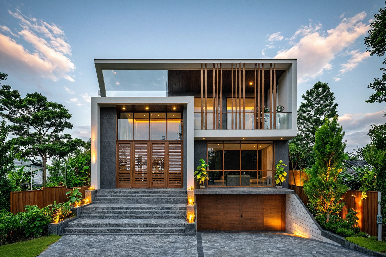 Masterpiece, wooden ceiling, dark granite front steps, high quality, best quality, authentic, super detail, outdoors, onestoreyvillaXL, aiaigroup, house style modern, white wall ,pavement, grass, trees, dusk sky, cloud, (daylight:1.1)
