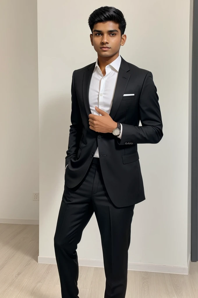 21 year old indian boy With fair skin and narrow body simple pose like hands fold and standing straight in a black color suit for a linkedin picture in formals and it should be clean white background