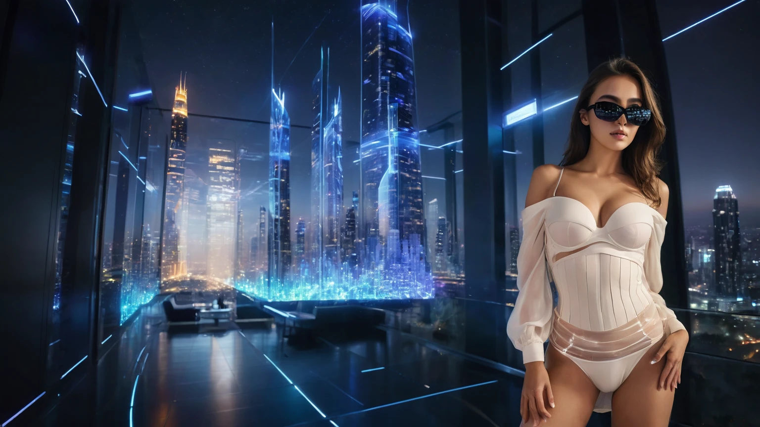 aerial view. Estilo: arte conceitual. A cena: Futuristic cityscapes with all-glass towering skyscrapers and (sleek aerodynamic vehicles) speeding through the air, 1drone. High-resolution OLED GUI interfaces in the building, The windows are filled with transparent data visualization infographics that show it all, from weather patterns to traffic flow, Matrix cascading code. Colors are saturated and vibrant, com rosas e roxos quentes dominando o horizonte. Matrix style, at night, dark sky, (((1girl, solo))), photo realistic, (((medium-breast:1.3 slim body, cleavage))), (((tube top, extreamly short pleated miniskirt exposing panty))), (((((((matrix style black sunglasses))))))), (((aiming at camera with a mini pistol))), (((((looking at camera))))), (((((half-body thigh level medium shot))))), (((cinematic lighting))).