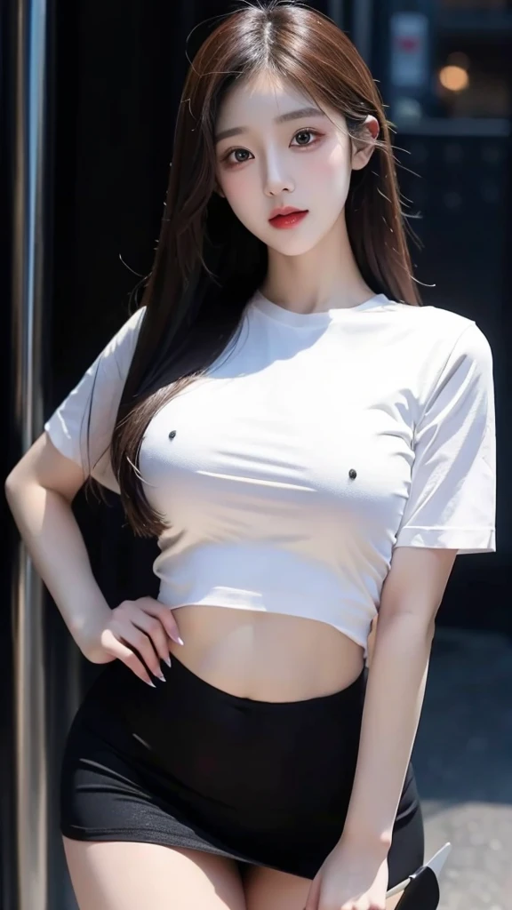 ((Best quality, 8k, Masterpiece :1.1)), Sharp focus :1.2, A Pretty Girl with perfect figure :1.4, Slender abs :1.2, ((Layered long hair, Big breasts :1.2)), (White tight shirt :1.3), office wear, mini black tight skirt (Sultry) ((Aroused: 1.5)), night: 1.5, ((detailed office uniform)), ((detailed clothing)), (detailed pantyhose), revealing cleavage  , Rain :1.5, Street:1.3, Highly detailed face and skin texture, Detailed eyes, Double eyelid