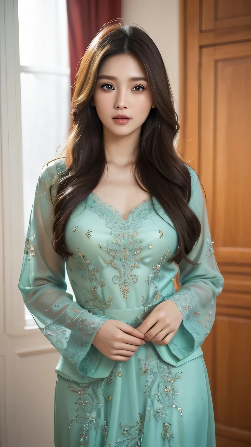 (best quality,4k,8k,highres,masterpiece:1.2),ultra-detailed,(realistic,photorealistic,photo-realistic:1.37),half body shot,beautiful detailed eyes,beautiful detailed lips,green eyes,photography,professional,vivid colors,portrait,brunette hair, natural long hair,28 years old, navy blue indoor background, artistic composition,soft lighting, wear kebaya, closed mouth, no teeth showing, real textured skin, body straight face to camera, lively eyes