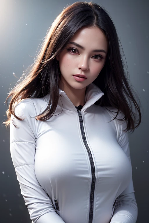 A stunning portrait of a young, slim, cute, sweet European woman, radiating elegance and beauty. She is dressed in a fashionable, collared, (colorful), shiny and glossy, (puffer down jacket). ((Very High Yoked)), (((full zippped up yoke, jackets yoke covering lower face))). The lighting is soft, highlighting her features and emphasizing the high glossy texture of her clothes. Cinematic lighting, very cold, lite snowing, high resolution, winter fashion, realistic shading, digital painting, artstation, sweetest, cutest, ((tempting)). close up shot. by Parkasite. 