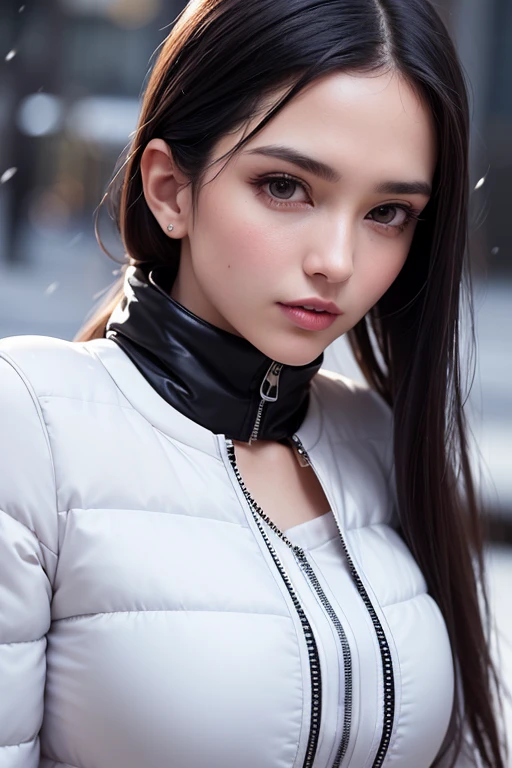 A stunning portrait of a young, slim, cute, sweet European woman, radiating elegance and beauty. She is dressed in a fashionable, collared, (colorful), shiny and glossy, (puffer down jacket). ((Very High Yoked)), (((full zippped up yoke, jackets yoke covering lower face))). The lighting is soft, highlighting her features and emphasizing the high glossy texture of her clothes. Cinematic lighting, very cold, lite snowing, high resolution, winter fashion, realistic shading, digital painting, artstation, sweetest, cutest, ((tempting)). close up shot. by Parkasite. 