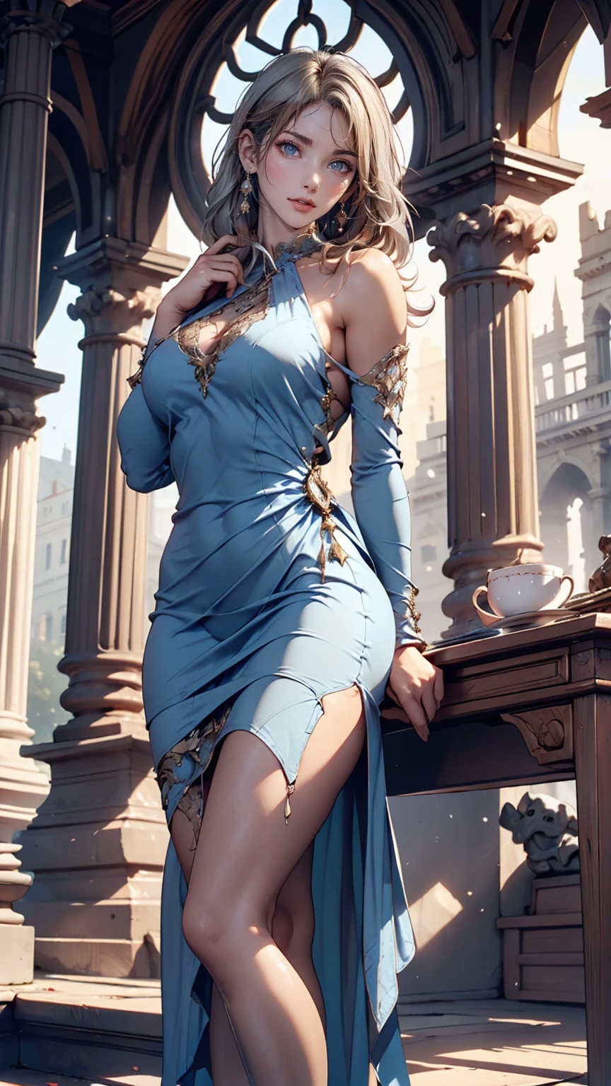 24 year old Caucasian female、Silver Hair、blue eyes、Large pupils、Sexy proportions、Sexy、Narrow waist、Ultra high definition((uhd))、Textured skin((textured skin))、Very detailed((super detail))、High detail((high details))、Hand Dress((hand dress))、One-shoulder dress、Wear stiletto heels、Stone bridge in a European ruin、Cowboy Shot