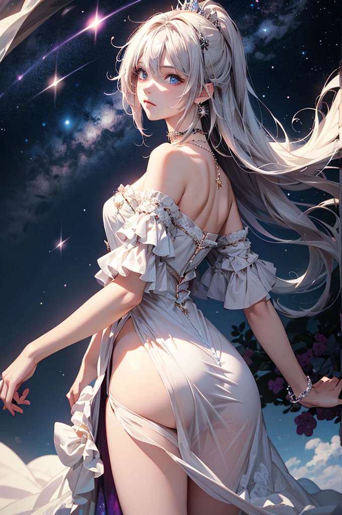 (masterpiece:1.5, Highest quality, Very detailed、 Dutch Angle、Semi-Realistic、Fantasy)(One girl, alone)(White and beautiful hair:1.4,,Straight Long Hair)(White based dress)、((Off the shoulder、Medium Chest、ruby necklace))(from backside,The buttocks are slightly visible、Legs wrapped in tights)(Beautiful starry sky、Mystical Night、Particles of light float around the woman、Fantasyな空間)Kiana Kaslana