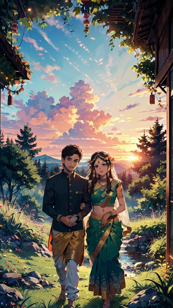 beautiful sunset, hindu temple, newly married south indian couple in traditional saree and doti outfit, decorative flower garland in thier neck, BREAK (masterpiece, best quality:1.2), outdoors, nature, forest, pines, grass, tall grass, detailed grass, plants, day, clouds, flower