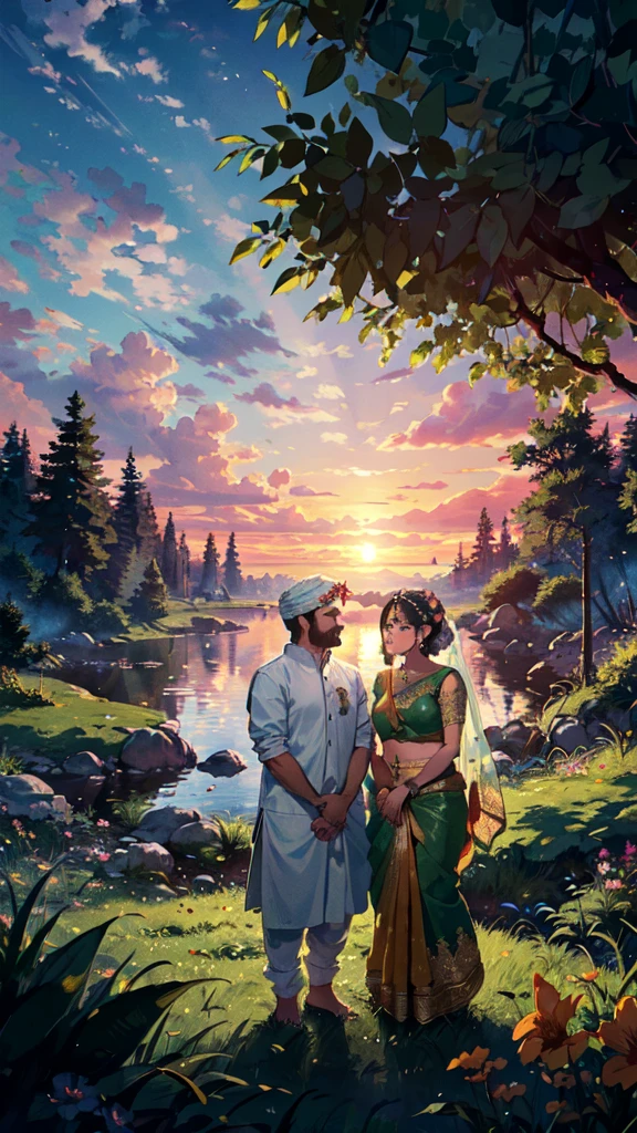 beautiful sunset, hindu temple, newly married south indian couple in traditional saree and doti outfit, decorative flower garland in thier neck, BREAK (masterpiece, best quality:1.2), outdoors, nature, forest, pines, grass, tall grass, detailed grass, plants, day, clouds, flower