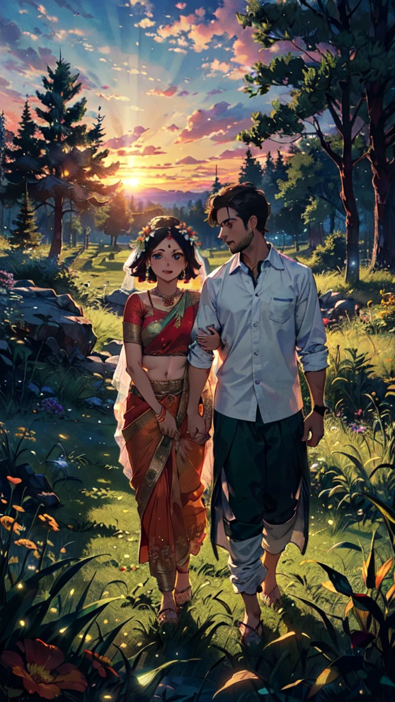 beautiful sunset, hindu temple, newly married south indian couple in traditional saree and doti outfit, decorative flower garland in thier neck, BREAK (masterpiece, best quality:1.2), outdoors, nature, forest, pines, grass, tall grass, detailed grass, plants, day, clouds, flower
