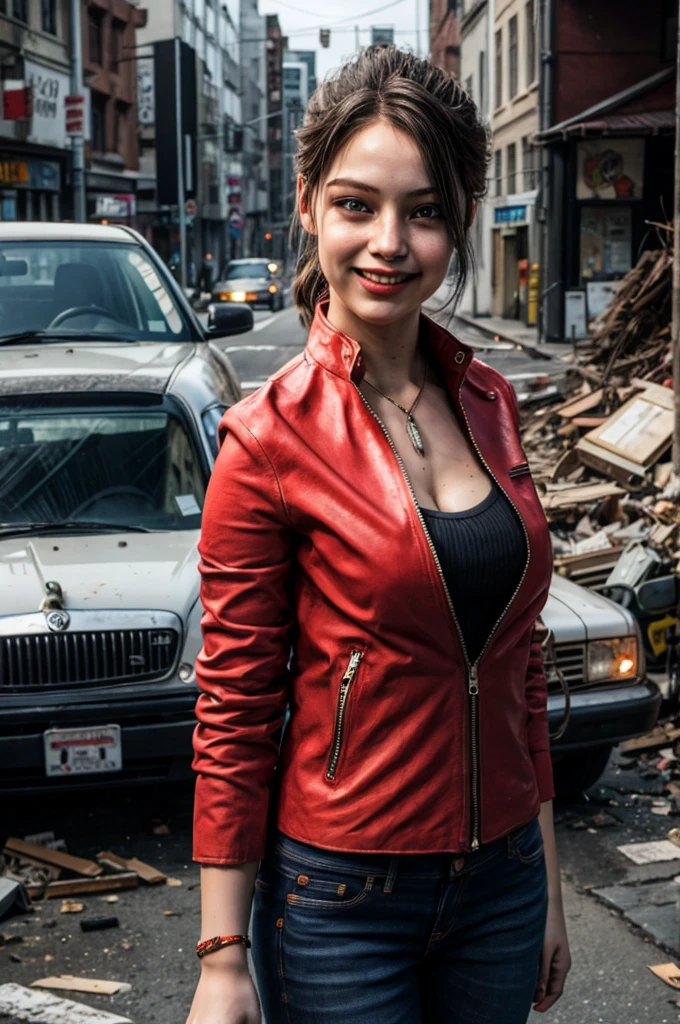 1girl, (realistic),(hyperrealism),(best quality),(masterpiece),(ultra high res),(photorealistic),idol,eye makeup,detailed eyes,detailed face,black dress, claireredfield2, brown hair, (red jacket:1.2), ponytail, (denim pants:1.3),,  red wristband, grey inner bra,,  abandoned street, burning cars in background, littered street, smoke, chaos, zombie apocalypse, daytime, sunny,,  flirting, looking at viewer, smiling, closeup shot