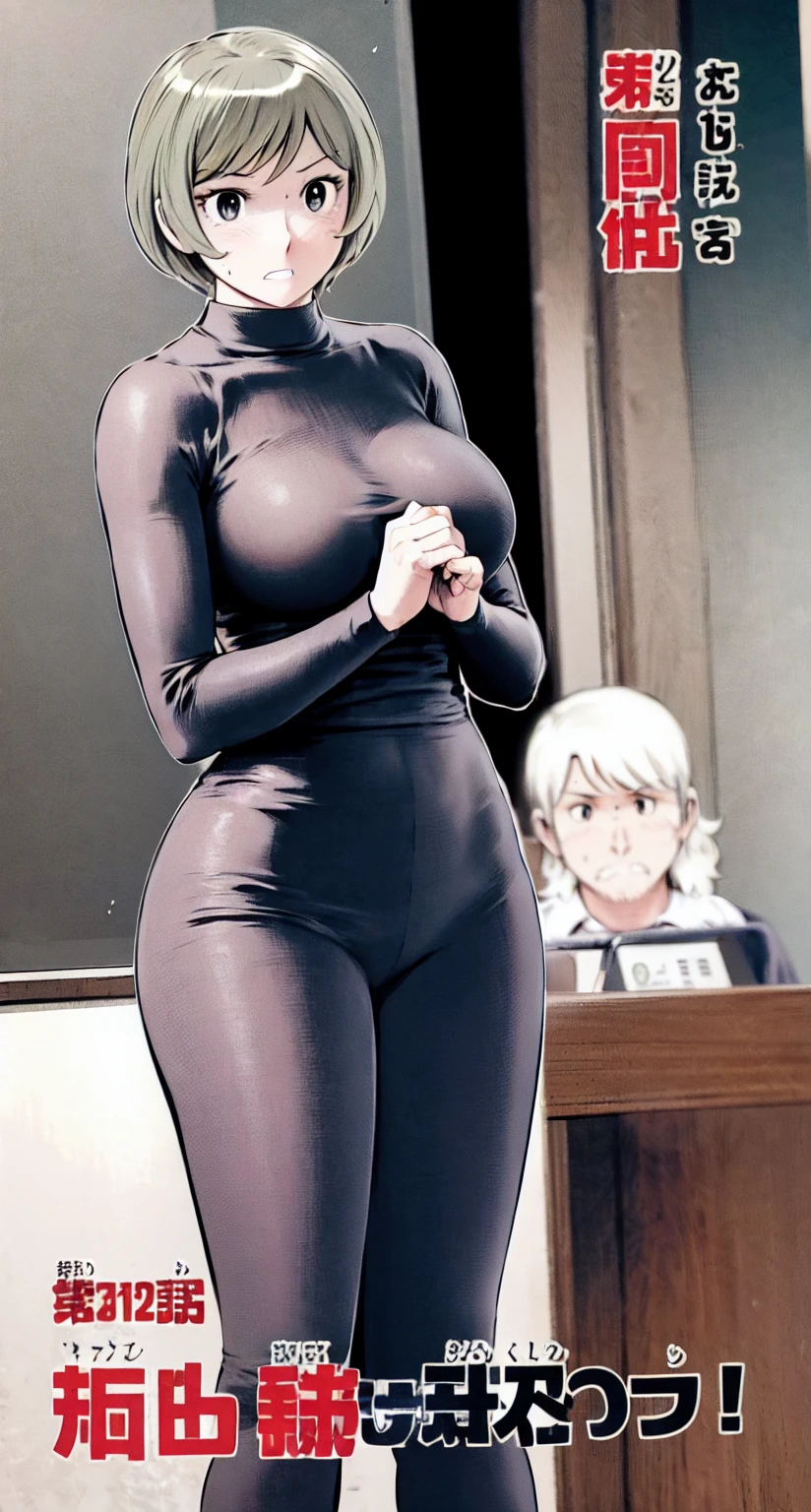 、(masterpiece、Highest quality)、Highest quality, Ultra-high resolution, (((masterpiece))), alone, Sweat、Big eyes,office、Tight white dress shirt、Tight black suit、Tight black pants、indoor、Composition from the front、(Cut the back hair short、short hair、blonde、woman)、Shortcuts、Embarrassed face、Cut your hair short、可愛いwomanの子、Big Breasts