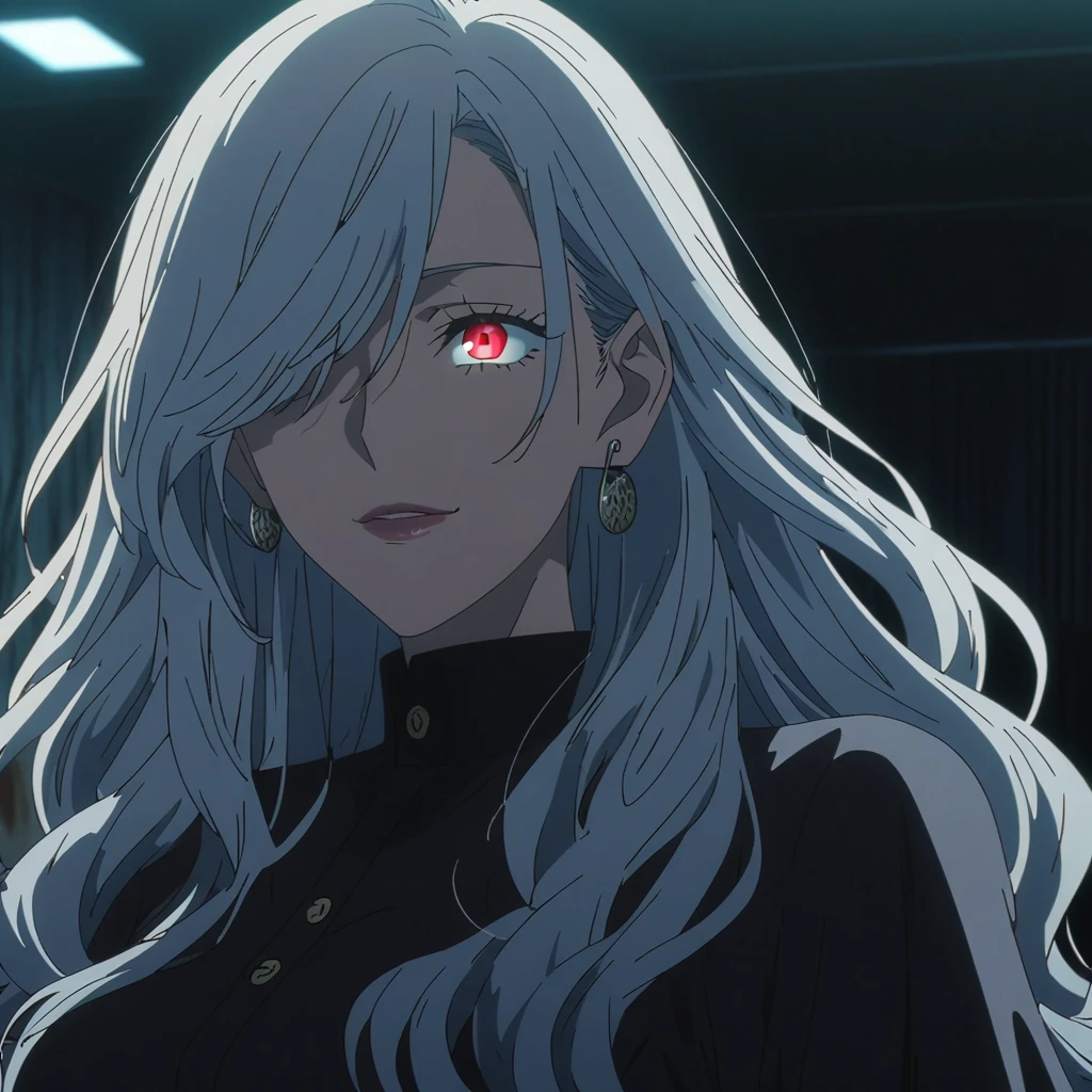 1girl, female gojo satoru, anime screencap from jujutsu kaisen, gojo satoru female version, solo, medium_hair, ((Blue universal eyes)) ((wavy Silver_hair)), night view, (hanging breasts) upper_body, smile, indoors, book, green_eyes, lips, (swept bangs, hair over one eyes) ((wearing black colour outfit with button)) breast, "very detailed and high resolution" (Red eyes) (cross arms) ((long wavy hair)) ((solo)) (front view) (earings) ((high resolution)) ((good quality)) ((swept bangs)) ((wavy silver hair with red tips)) ((multi colour hair : silver and red))