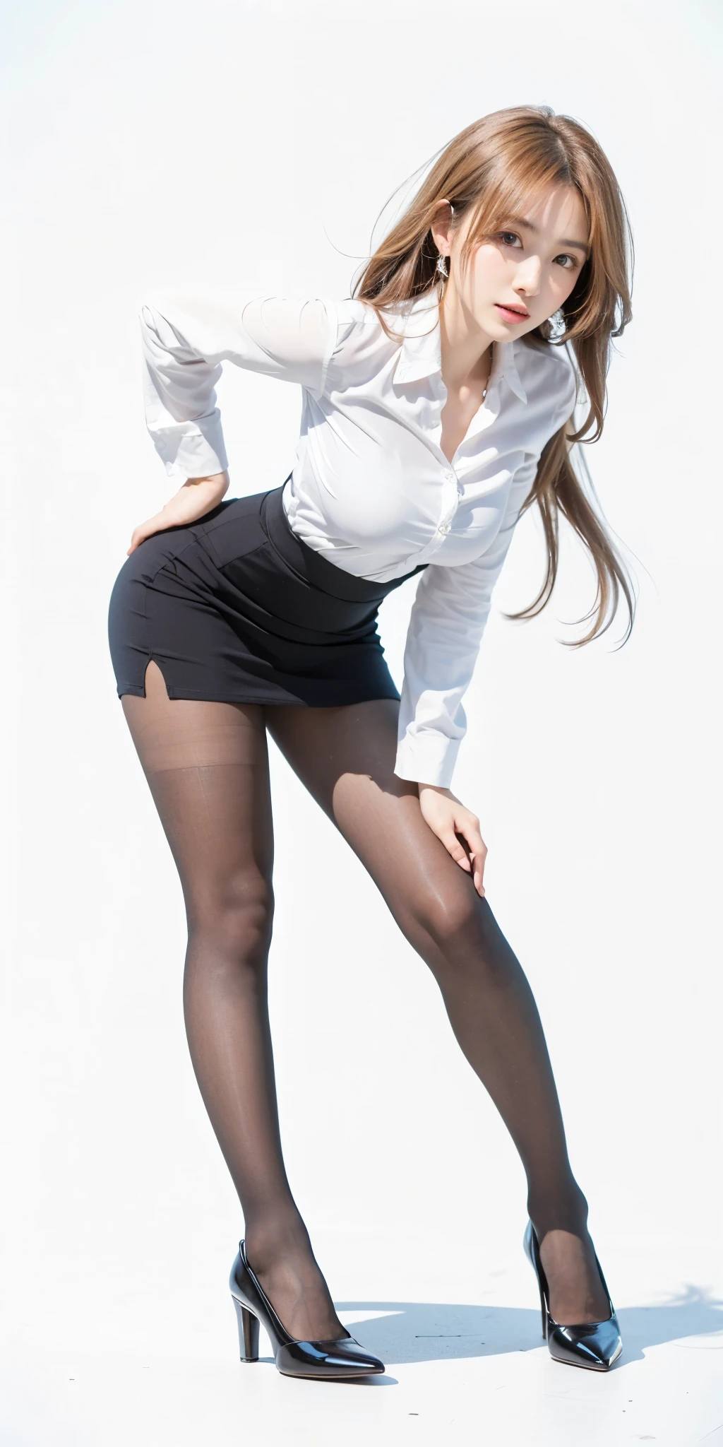 Beautiful Japanese Waifu, early 30s, brunette hair, white thight shirt, black mini skirt, black stockings, black high heels, posing