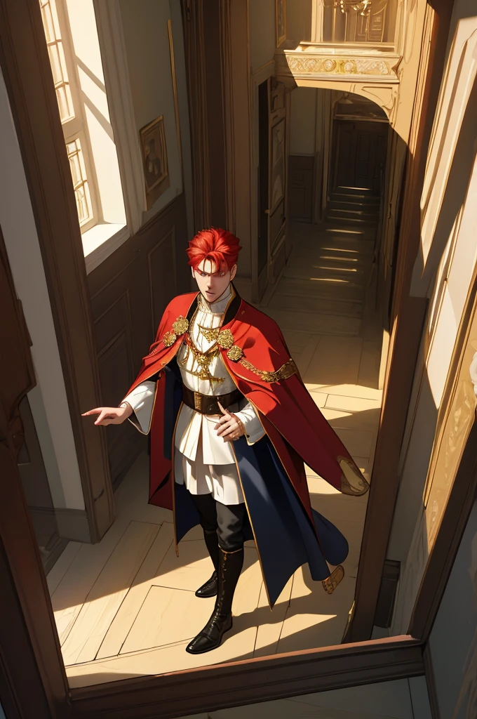 (masterpiece, highest quality), a high angle perspective view of a young man walking in the castle halls he has red hair and yellow eyes and five fingers , he is also wearing a red royal medieval suite and robe clothing and has golden medals on his chest, and is wearing a Doublet: A close-fitting padded jacket worn over a shirt. and a black noble shoes, and in the background is the library and a huge glass window with sunlight