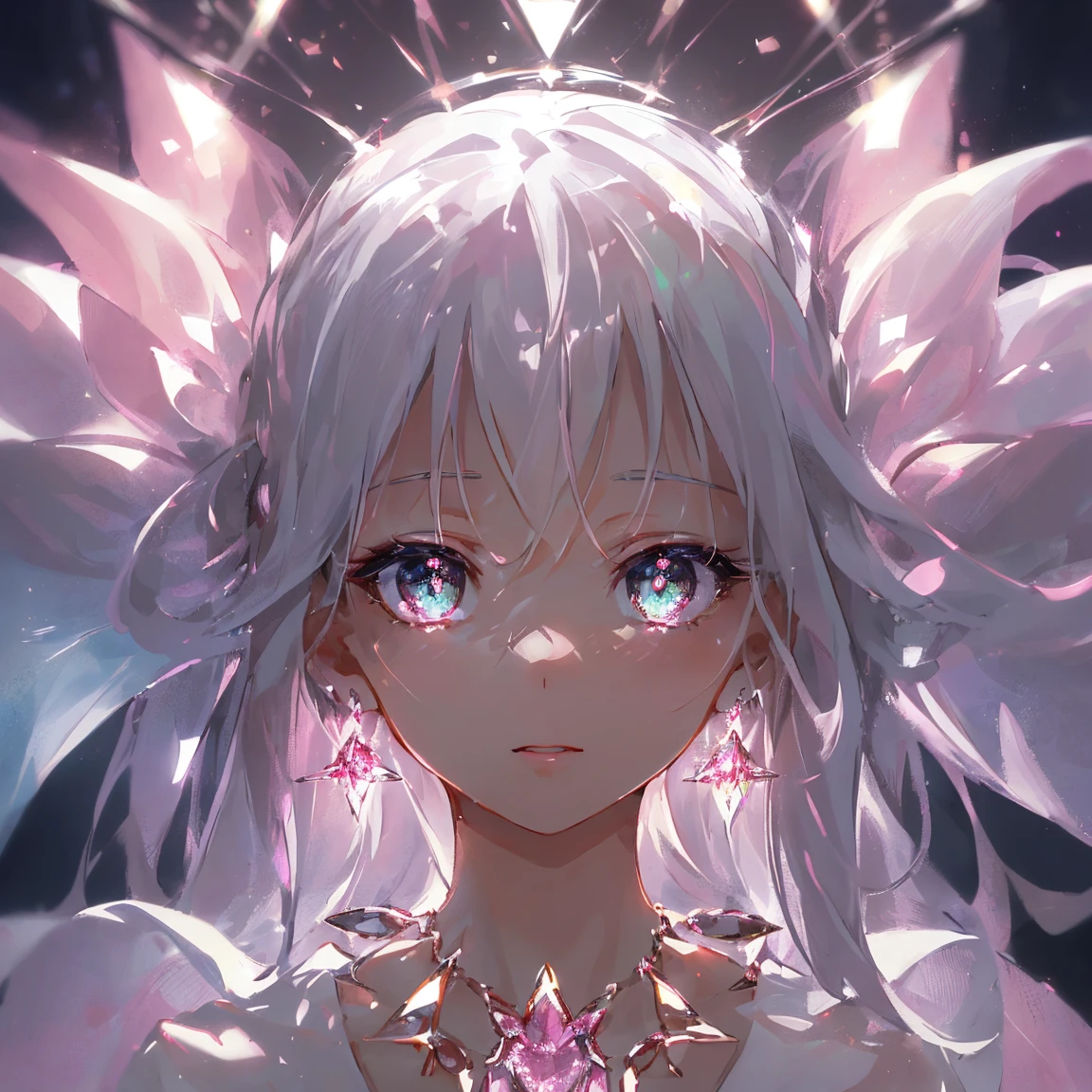 masterpiece, best quality, illustration, flashy pink, platinum earrings, platinum necklace, white dress, 1girl, cute, (dynamic lighting:1.2), cinematic lighting, delicate facial features, detailed eyes, sharp pupils, realistic pupils, depth of field, bokeh, sharp focus, (hyper-detailed, bloom, glow:1.4), many small gems 