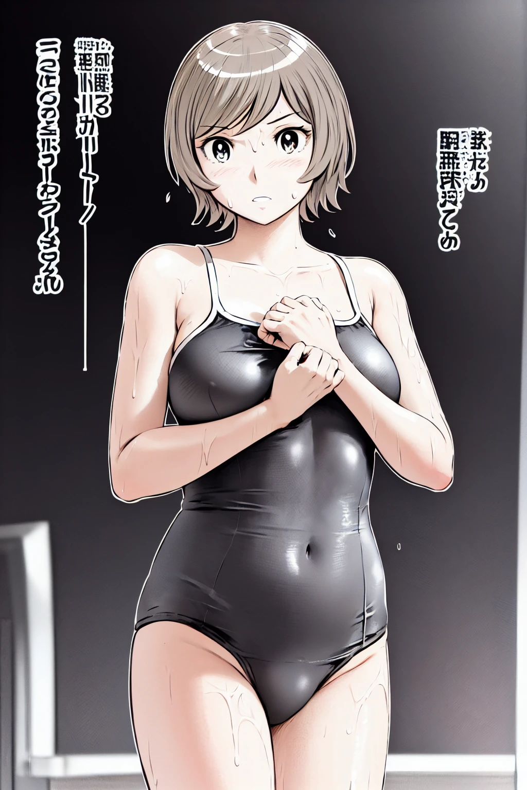 Blonde, (short hair:1.2)、((Illustration of a person))、Big Breasts、
View your viewers,, (Highest quality:1.3),blue eye star piece、Highest quality)、Highest quality, Ultra-high resolution, (((masterpiece))), alone, Sweat、Big eyes、Big Breasts、One Girl, Front view、Embarrassed face、Bronze colored hair、((short hair))、One Girl, alone, blush, Big Breasts,
Bare arms, Wet, Pool, 青いSchool Swimsuit, Thighs, Place your arms at your sides, Bare arms, Cowboy Shot, Are standing, School Swimsuit,bite、High Leg、mansuji、 exposed、Nipples、Shoulder straps fall、One side off-shoulder、Breast Exposure、Happenings
