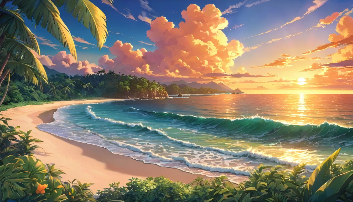 stunning detailed landscape of a serene tropical scenery at dusk, beautiful dramatic sky with warm golden orange sunset lights, lush green foliage, calm ocean waves lapping at the shore, anime style, intricate details, vibrant colors, photorealistic, 8k, best quality