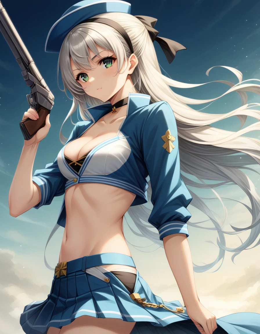 score_9,score_8_up,score_7_up,score_6_up,score_5_up,score_4_up,  ,source_anime BREAK,from side,front view,(soro focus),,straight-on,standing,,looking at viewer,masterpiece, best quality, very aesthetic, absurdres,extremely detailed CG unity 8k wallpaper,cinematic angle, great lighting, detailed shadows,detailed body, anime artwork, anime style, key visual, vibrant,studio anime, highly detailed, anime coloring,raceElie, hairband, choker, blue hat, blue jacket, cropped jacket, cleavage, midriff, blue shorts, pleated skirt,holding a gun,silver gun,aiming at viewer, (focused gun), (zoom in upper body:1.5),

