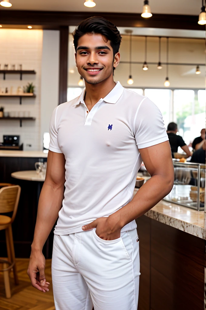Man, Indian, olive skin tone, height 5'9, 20 year year old, weighing 70 kg, athletic build, attractive face, sharp jawline, high set cheekbones, full lips, big eyes, masculine nose, clean shaven, short wavy hair, side part hairstyle, smiling, attractive guy, standing in a luxurious cafe, smiling, looking like a celebrity/model, looking at the viewer, wearing Polo shirt white chinos & white sneakers, masculine structure,  photorealistic,