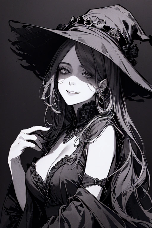 Highest quality, (Background details), High Contrast, Very beautiful woman, Detailed original illustrations、functional、witch、Pointed hat、Black Robe、Delicate face、Charm、Villainess、sexy、Real breasts、Crazy Smile, Crazy Eyes,   Black background, (Black background: 1.5), Beautiful line art、Monochrome