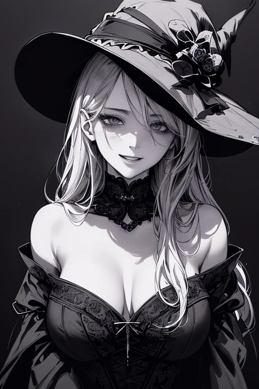 Highest quality, (Background details), High Contrast, Very beautiful woman, Detailed original illustrations、functional、witch、Pointed hat、Black Robe、Delicate face、Charm、Villainess、sexy、Real breasts、Crazy Smile, Crazy Eyes,   Black background, (Black background: 1.5), Beautiful line art、Monochrome