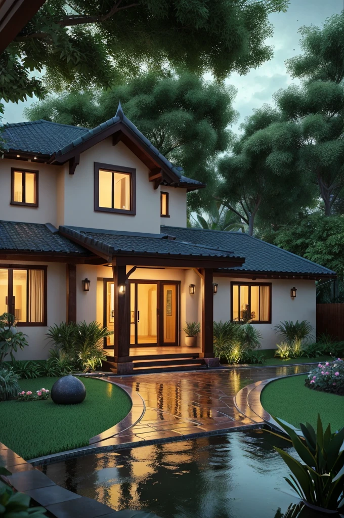 Create a cinematic, 3D image of a magical house made entirely of mangoes during the rain. The house should have a creative design with mangoes forming the walls, roof, and garden. Rain should be falling gently, with mangoes glistening from the raindrops. Surround the house with lush green foliage and include a cozy, inviting atmosphere with warm lights coming from inside."
