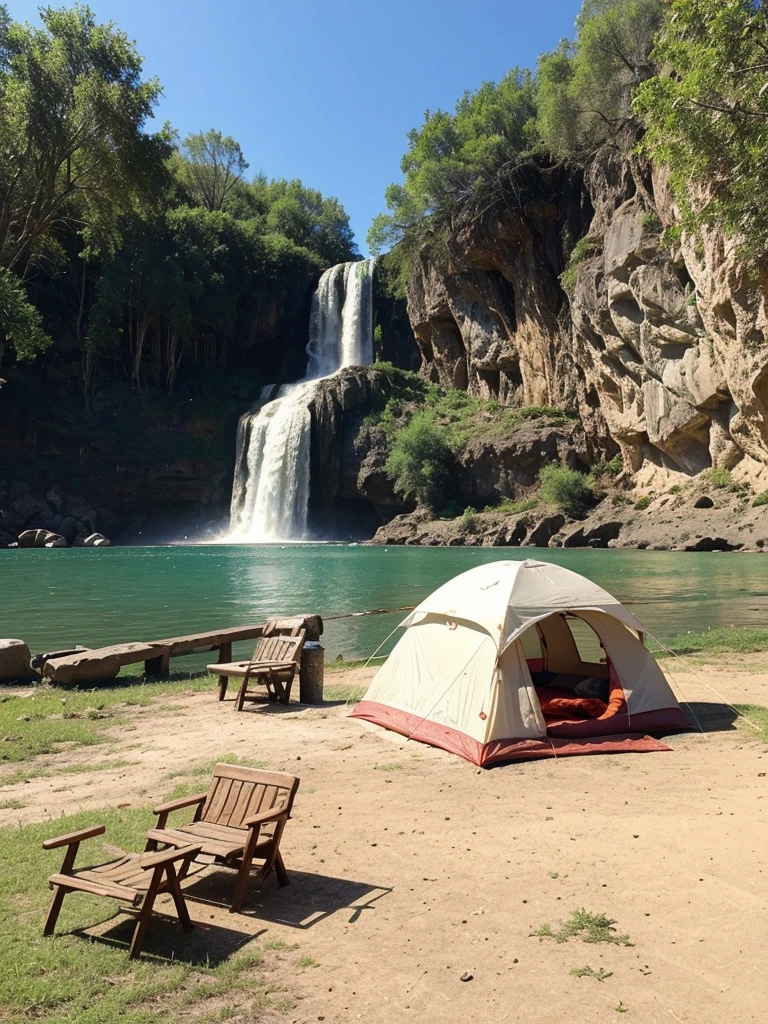 survival camping Happiness tools and a tent in background, next to the Lake and waterfall