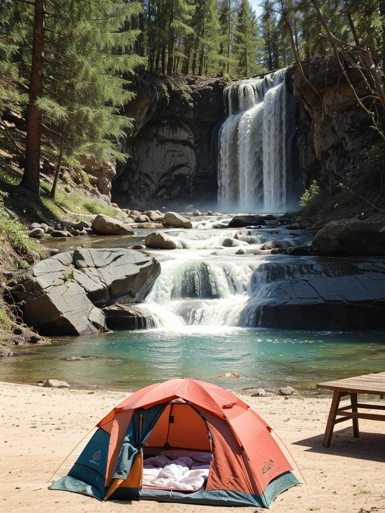 survival camping Happiness tools and a tent in background, next to the Lake and waterfall
