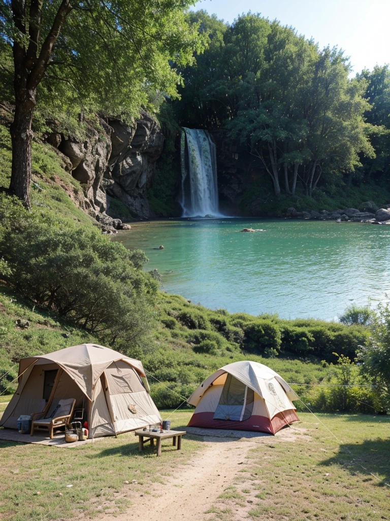 survival camping Happiness tools and a tent in background,  next to the Lake and waterfall