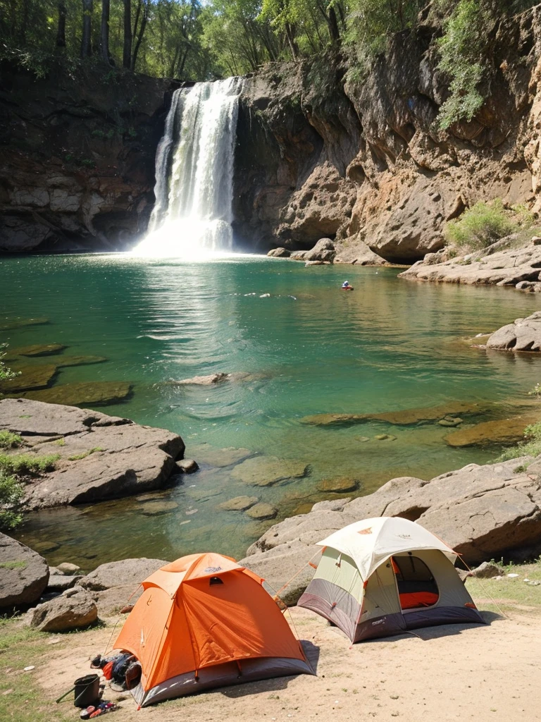 survival camping Happiness tools and a tent in background,  next to the Lake and waterfall