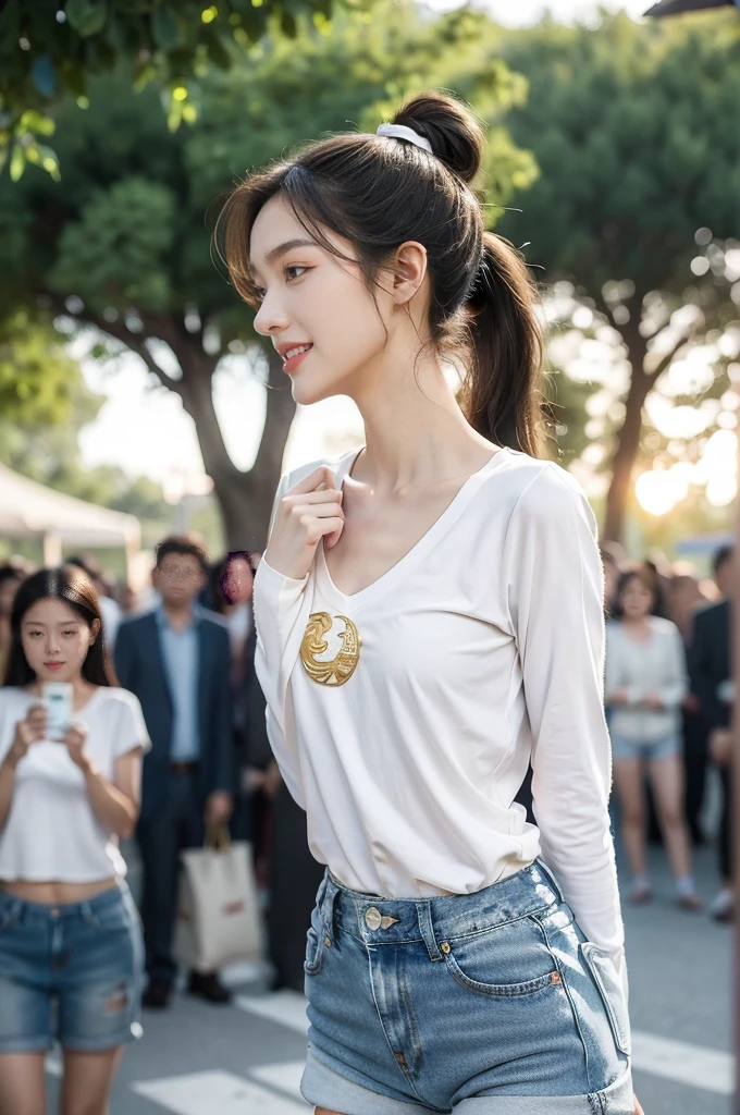 (((best quality))),(((ultra detailed))),(((masterpiece))),illustration,((1 beautiful girl,solo)),((slim,thin)),((small breasts,flat chest)), outside school gate, summer twilight, sunlight,(short ponytail:1.3),((white long-sleeved shirt)),(clavicalis:1.3),((denim shorts,slender legs)),animated face, excited eyes, sounds of laughter, chatter, excitement of summer vacation, air filled with energy, school gate golden glow, symbol of end of academic year, schoolyard transformed, reunion, farewells, embracing setting sun, face illuminated, moment captured, fleeting instant, essence of summer, carefree spirit, youthful exuberance, embodiment of season, sun dips, rosy glow, joy of living,promise of adventures,((standing,from front,upper body)),(surrounded by crowded crowds:1.3)