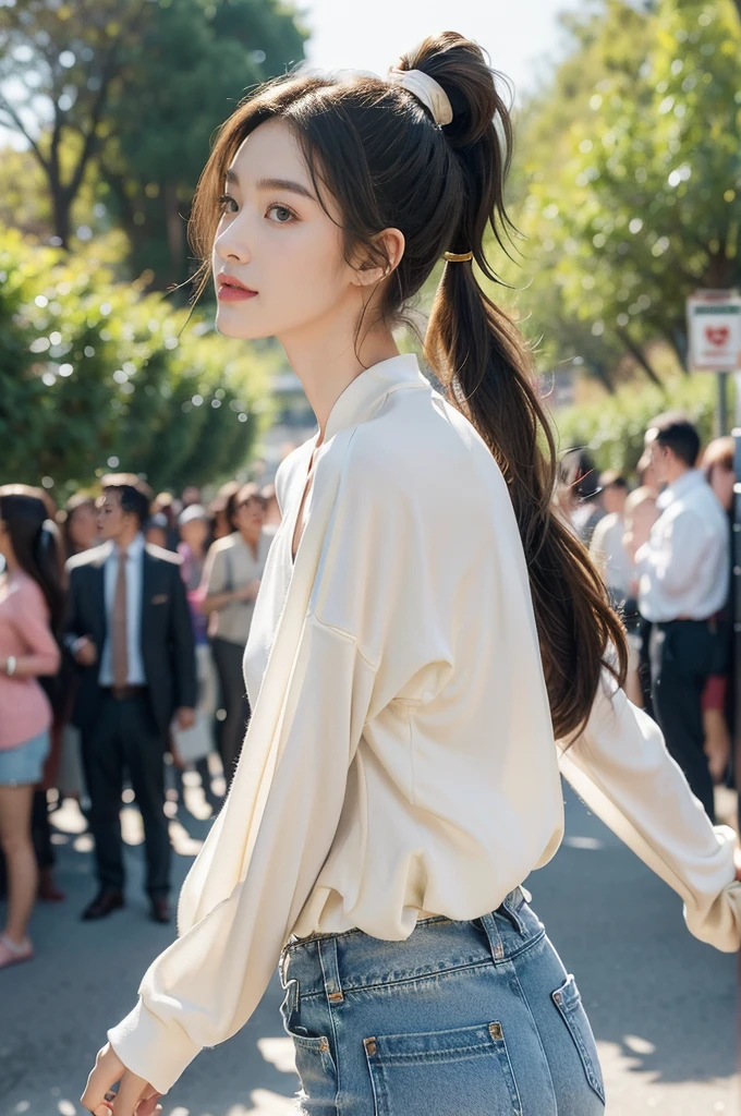 (((best quality))),(((ultra detailed))),(((masterpiece))),illustration,((1 beautiful girl,solo)),((slim,thin)),((small breasts,flat chest)), outside school gate, summer twilight, sunlight,(short ponytail:1.3),((white long-sleeved shirt)),(clavicalis:1.3),((denim shorts,slender legs)),animated face, excited eyes, sounds of laughter, chatter, excitement of summer vacation, air filled with energy, school gate golden glow, symbol of end of academic year, schoolyard transformed, reunion, farewells, embracing setting sun, face illuminated, moment captured, fleeting instant, essence of summer, carefree spirit, youthful exuberance, embodiment of season, sun dips, rosy glow, joy of living,promise of adventures,((standing,from front,upper body)),(surrounded by crowded crowds:1.3)