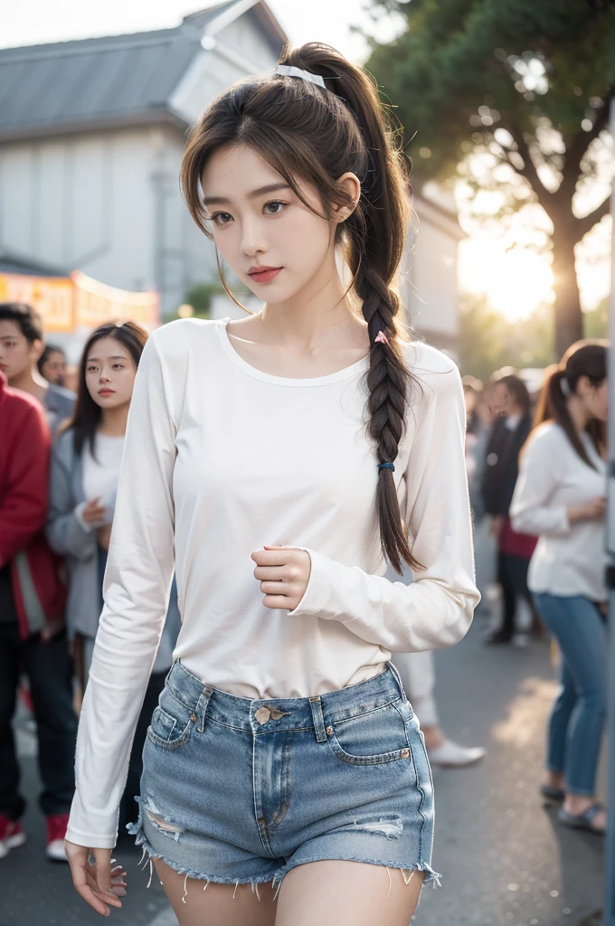 (((best quality))),(((ultra detailed))),(((masterpiece))),illustration,((1 beautiful girl,solo)),((slim,thin)),((small breasts,flat chest)), outside school gate, summer twilight, sunlight,(short ponytail:1.3),((white long-sleeved shirt)),(clavicalis:1.3),((denim shorts,slender legs)),animated face, excited eyes, sounds of laughter, chatter, excitement of summer vacation, air filled with energy, school gate golden glow, symbol of end of academic year, schoolyard transformed, reunion, farewells, embracing setting sun, face illuminated, moment captured, fleeting instant, essence of summer, carefree spirit, youthful exuberance, embodiment of season, sun dips, rosy glow, joy of living,promise of adventures,((standing,from front,upper body)),(surrounded by crowded crowds:1.3)