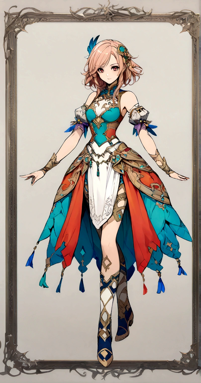 character design board, anime girl, design, just one character, clothes, rotation, fantasy clothes, complex design, body rotation