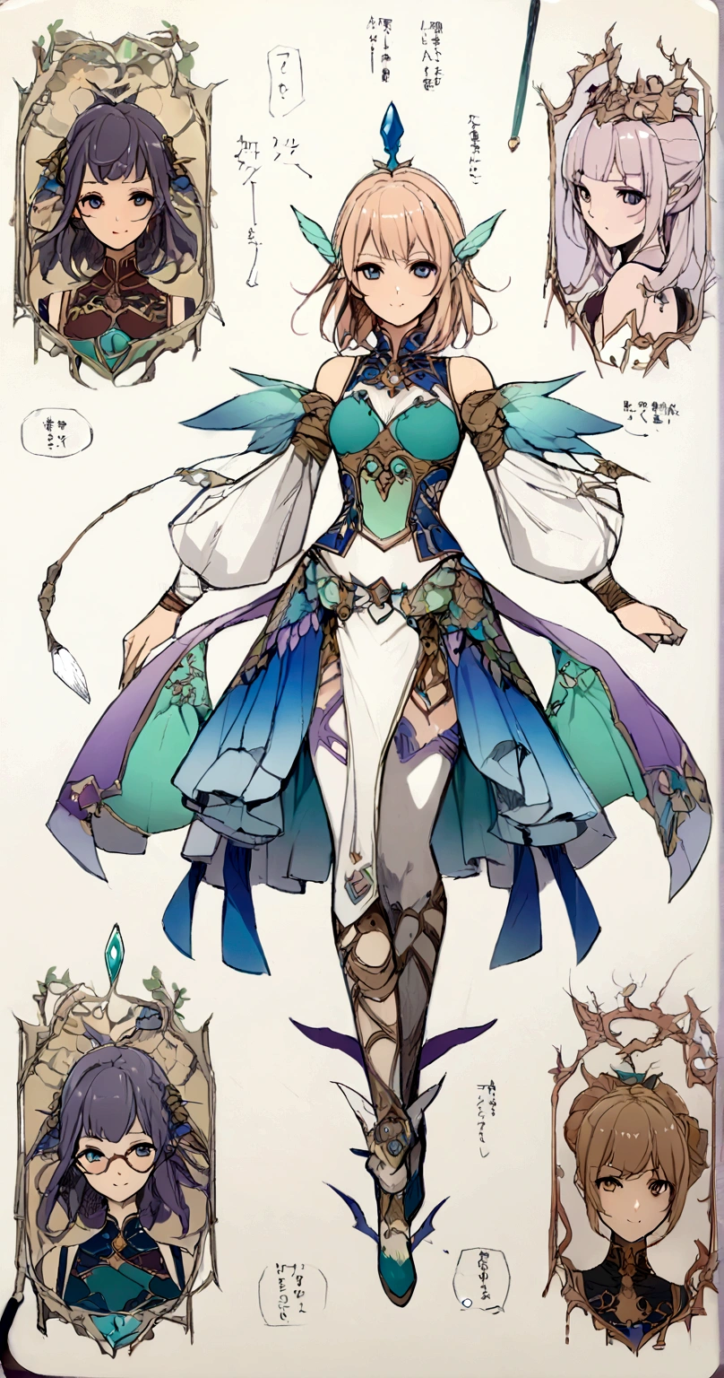 character design board, anime girl, design, just one character, clothes, rotation, fantasy clothes, complex design, body rotation
