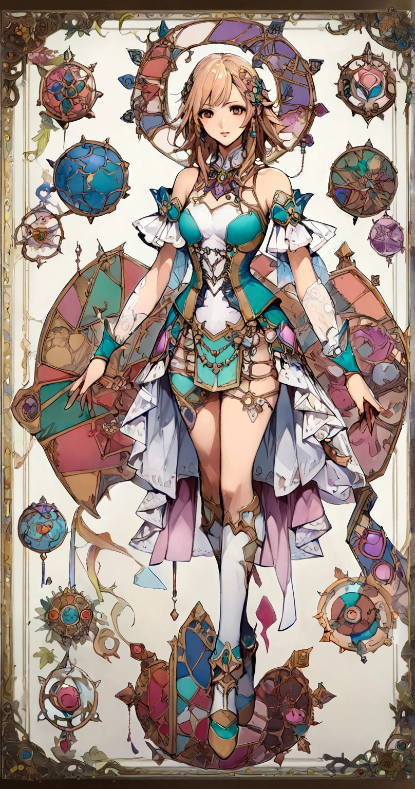 character design board, anime girl, design, just one character, clothes, rotation, fantasy clothes, complex design, body rotation