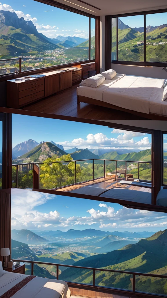 (masterpiece,Highest quality:8K) Affordable bedroom with mountain views and balcony, Beautiful views, A soothing and comfortable landscape, Detailed view, Instagram photos Nice views, beautifully、aesthetic, Beautiful nature in the background, Amazing scenery in the background, 8K Photorender Reality Engine, Beautiful views, Overlooking the valley, Nice views, beautiful place, paradise in the background 1One screen