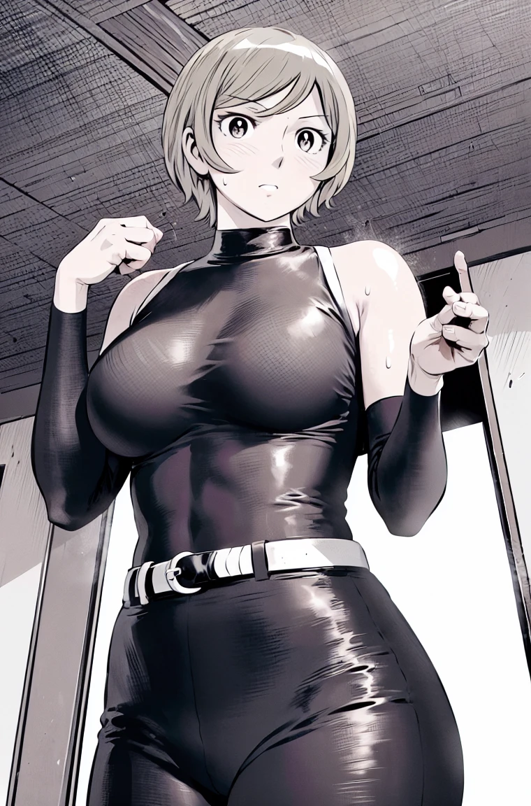 、(masterpiece、Highest quality)、Highest quality, Ultra-high resolution, (((masterpiece))), alone, Sweat、Big eyes,Tight black shirt、Tight white pants、belt、indoor、Composition from the front、（Cut the back hair short、short hair、blonde、woman）、Shortcuts、Embarrassed face、Cut your hair short、可愛いwomanの子、Big Breasts、office