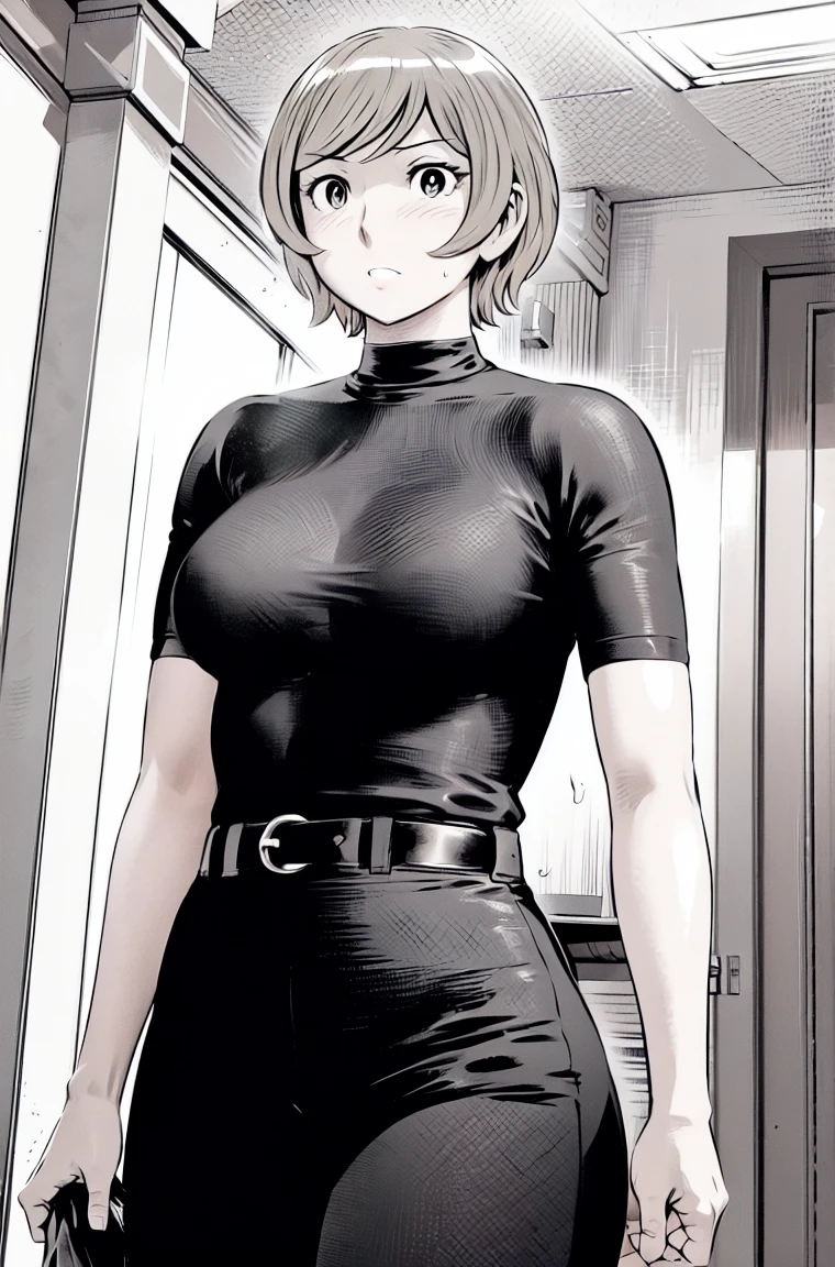 、(masterpiece、Highest quality)、Highest quality, Ultra-high resolution, (((masterpiece))), alone, Sweat、Big eyes,Tight black shirt、Tight white pants、belt、indoor、Composition from the front、（Cut the back hair short、short hair、blonde、woman）、Shortcuts、Embarrassed face、Cut your hair short、可愛いwomanの子、Big Breasts、office